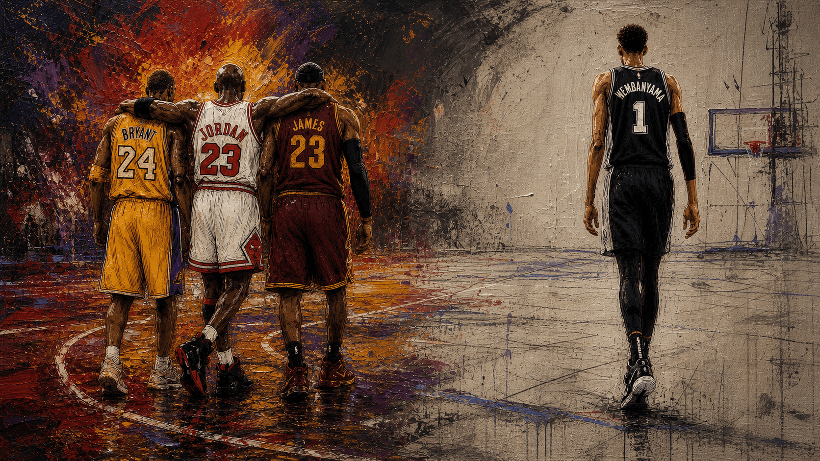 Kobe Bryant, Michael Jordan and LeBron James together on the painted side of a court while Victor Wembanyama walks toward them across an unfinished canvas