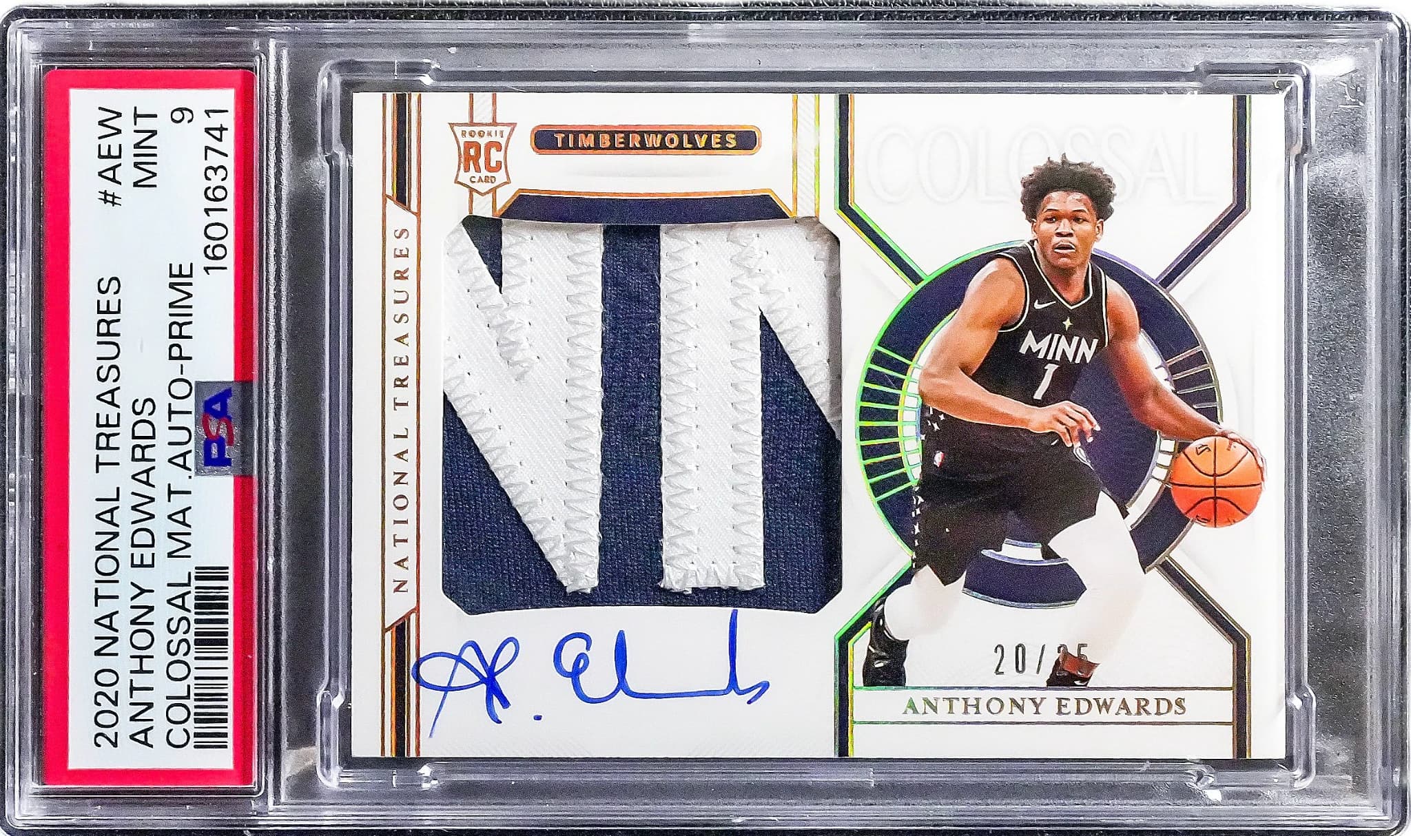 2020-21 National Treasures Anthony Edwards Colossal Materials Auto Prime CM-AEW 20/25 PSA 9 MINT