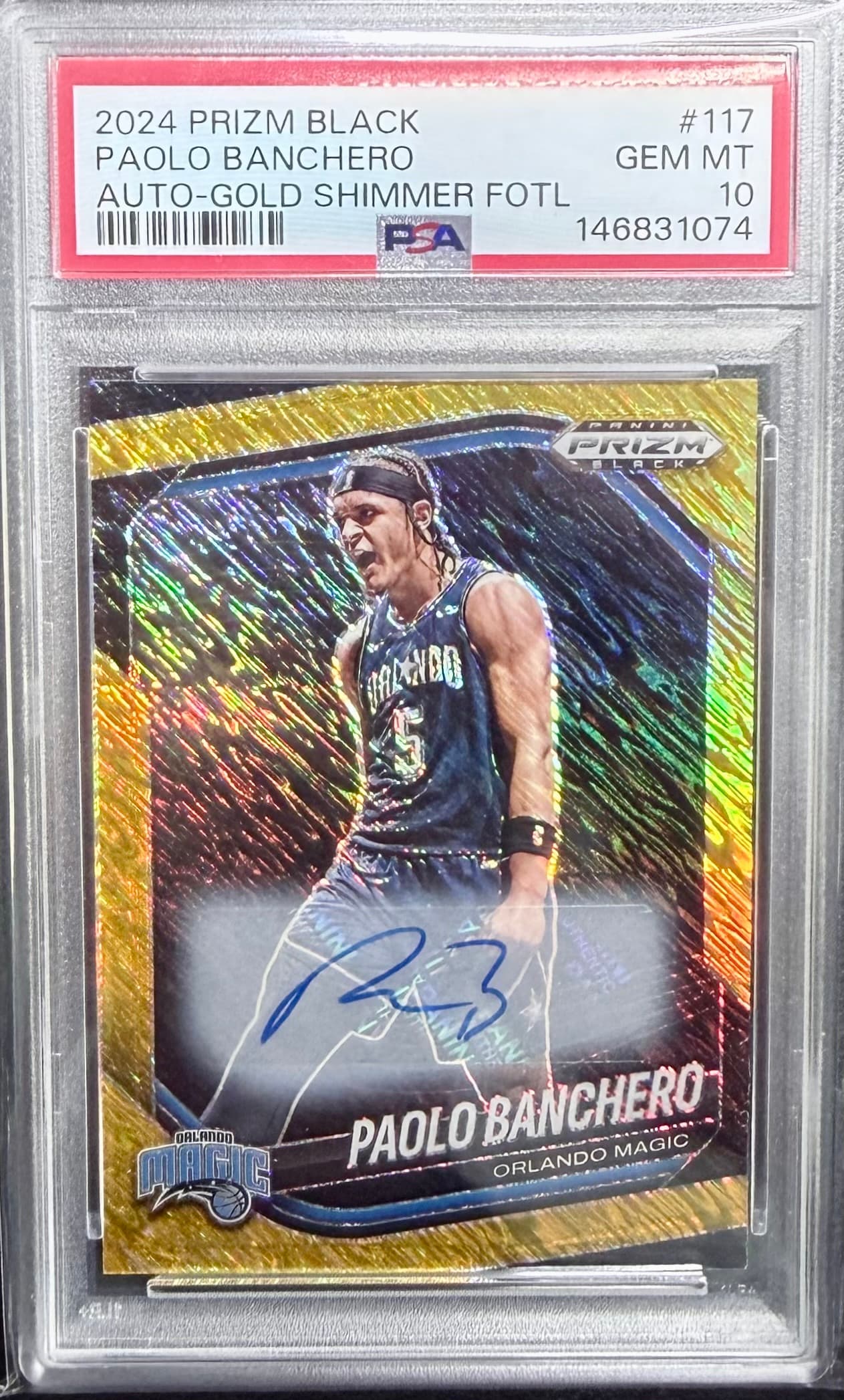 2024-25 Panini Prizm Black Paolo Banchero Auto Gold Shimmer FOTL #117 02/10 PSA 10 GEM MT front