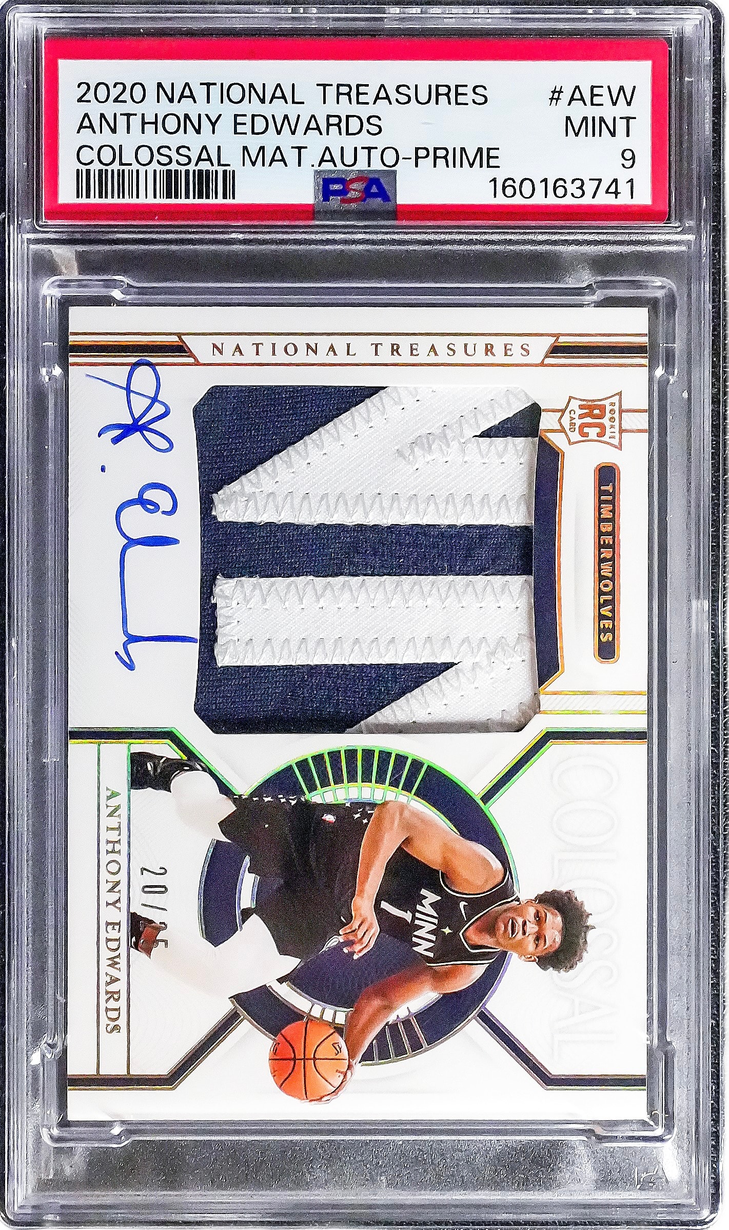 2020-21 National Treasures Anthony Edwards Colossal Materials Auto Prime CM-AEW 20/25 PSA 9 MINT front