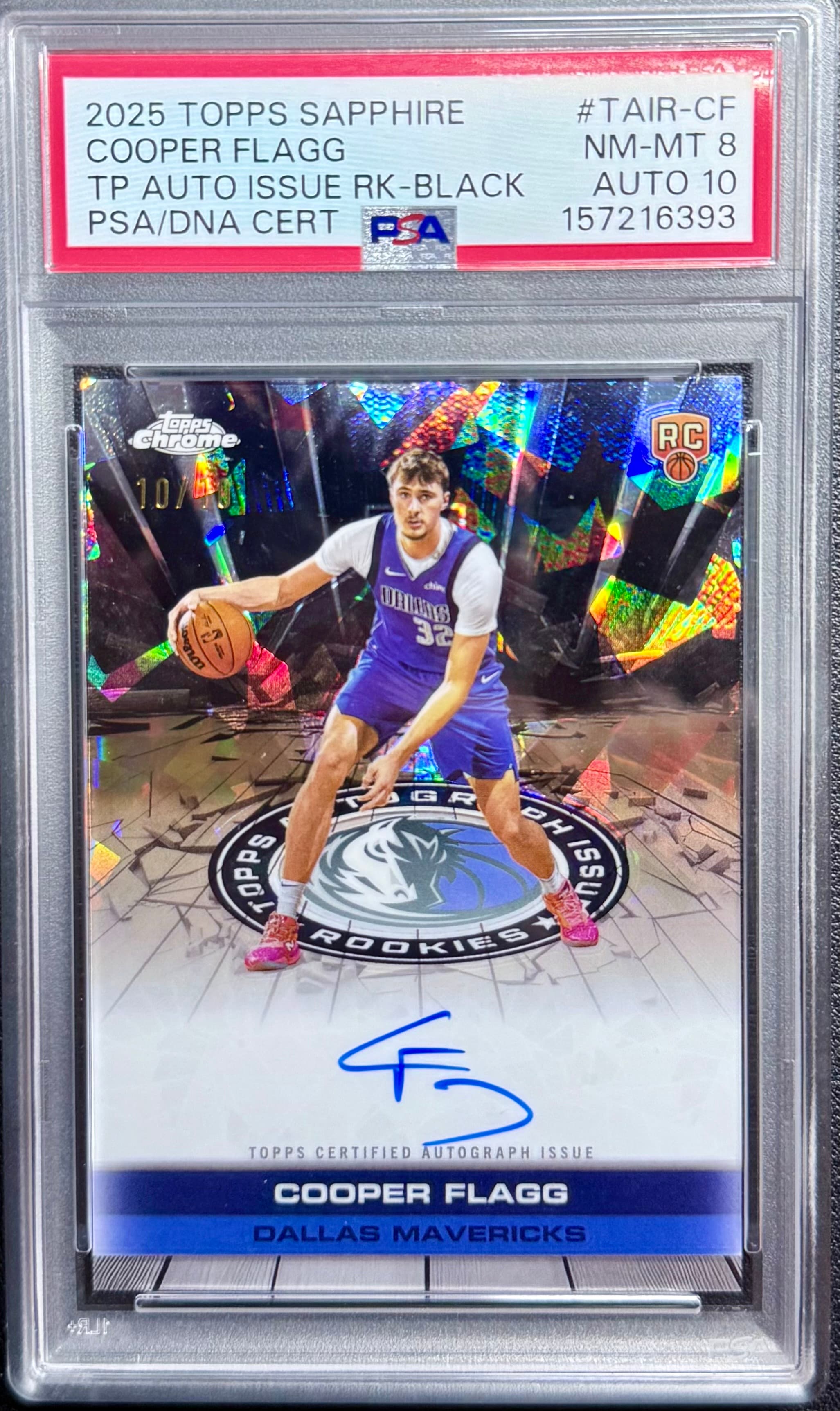 2025-26 Topps Chrome Sapphire Cooper Flagg Autograph Issue Rookies Black RC PSA 8 AUTO 10 front
