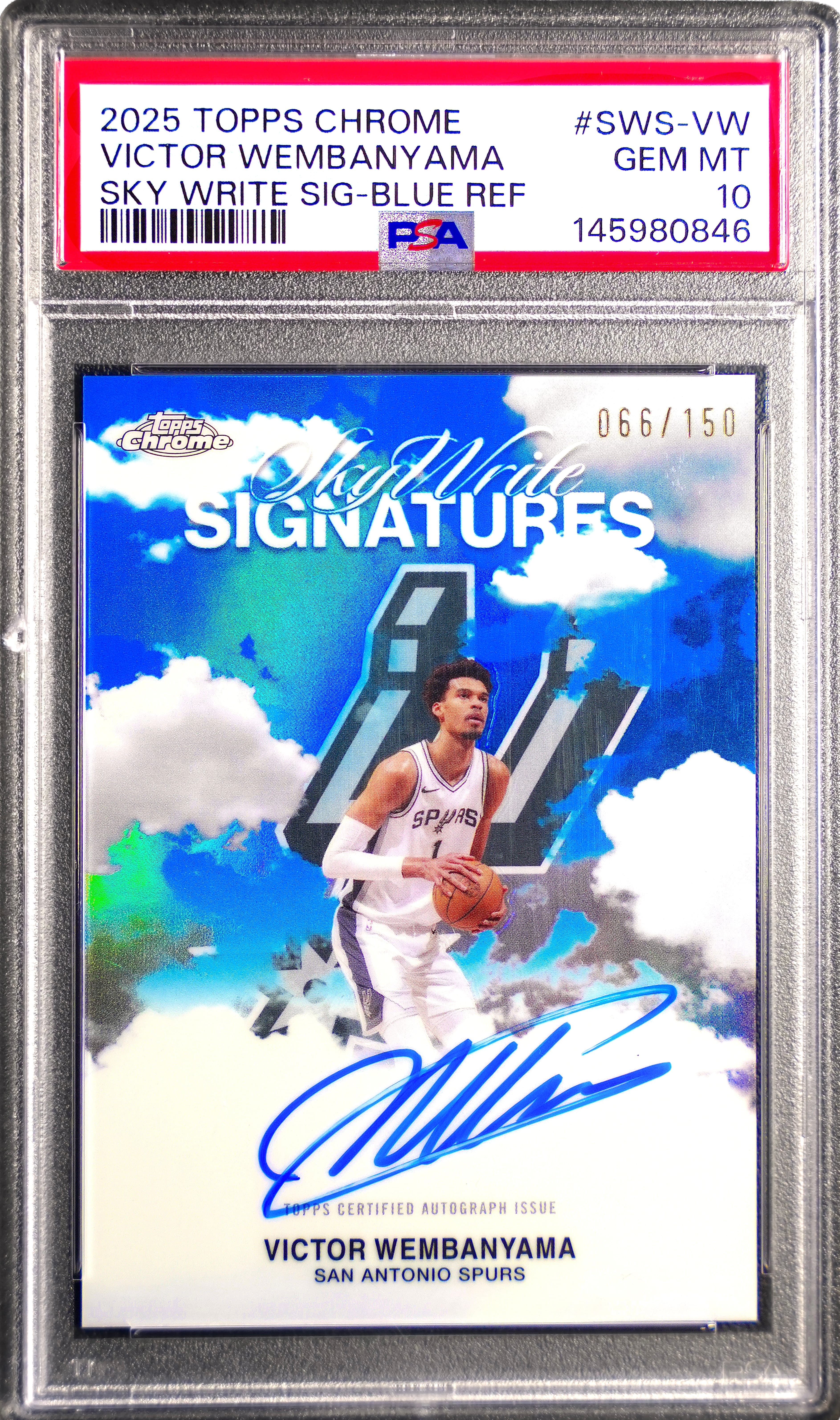 2025-26 Topps Chrome Victor Wembanyama Sky Write Signatures Blue Refractor 066/150 PSA 10 GEM MT front